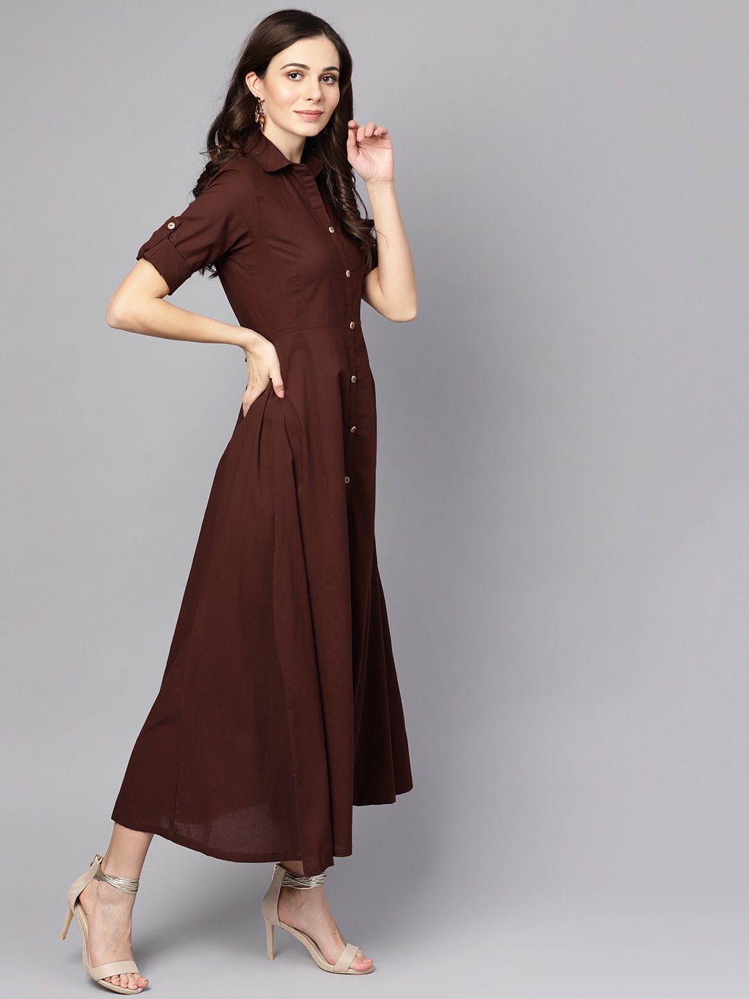 Women's Solid Chocolate Brown Maxi Dress With Shirt Collar & 3/4 Sleeves