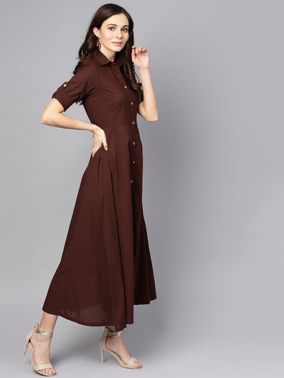 Women's Solid Chocolate Brown Maxi Dress With Shirt Collar & 3/4 Sleeves