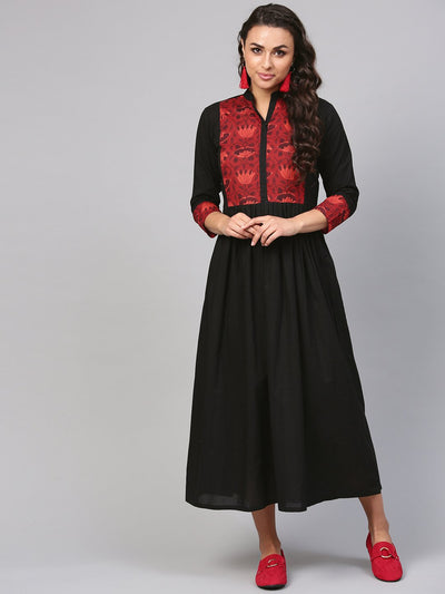 Women's Solid Black Maxi Dress With Printed Front Yoke & Madarin Collar