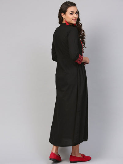 Women's Solid Black Maxi Dress With Printed Front Yoke & Madarin Collar