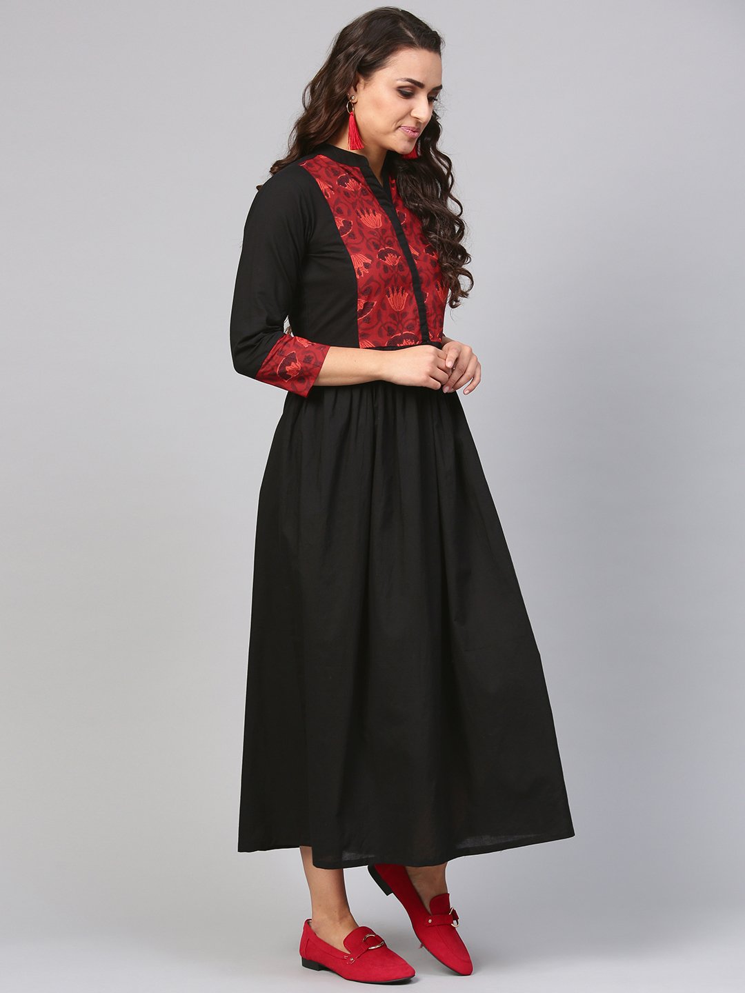 Women's Solid Black Maxi Dress With Printed Front Yoke & Madarin Collar
