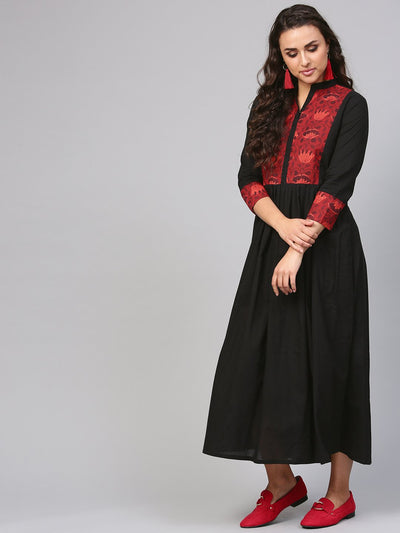 Women's Solid Black Maxi Dress With Printed Front Yoke & Madarin Collar