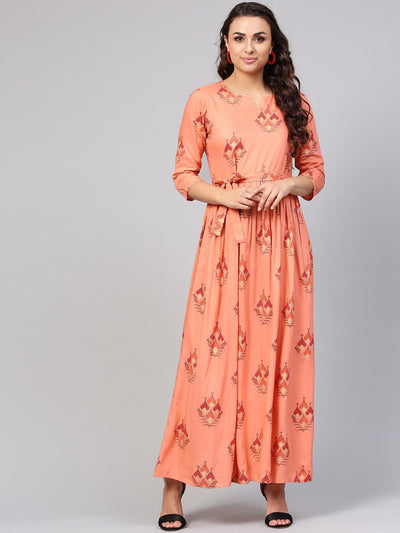 Women's Peach Geometric Maxi Dress With 3/4 Sleeves & Round Neck