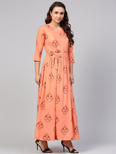 Women's Peach Geometric Maxi Dress With 3/4 Sleeves & Round Neck
