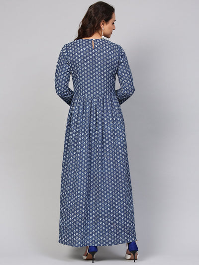 Women's Navy Blue Printed Maxi Dress With Round Neck & Full Sleeves