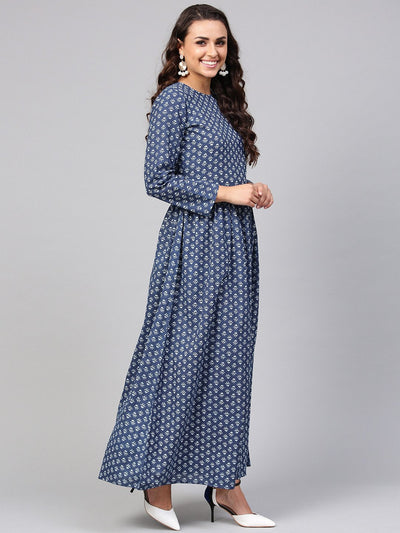 Women's Navy Blue Printed Maxi Dress With Round Neck & Full Sleeves