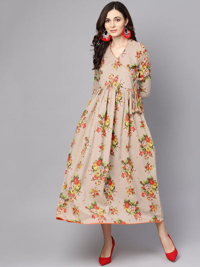 Women's Beige Multi Colored Angrakha Style Maxi Dress Emblished With Tassels