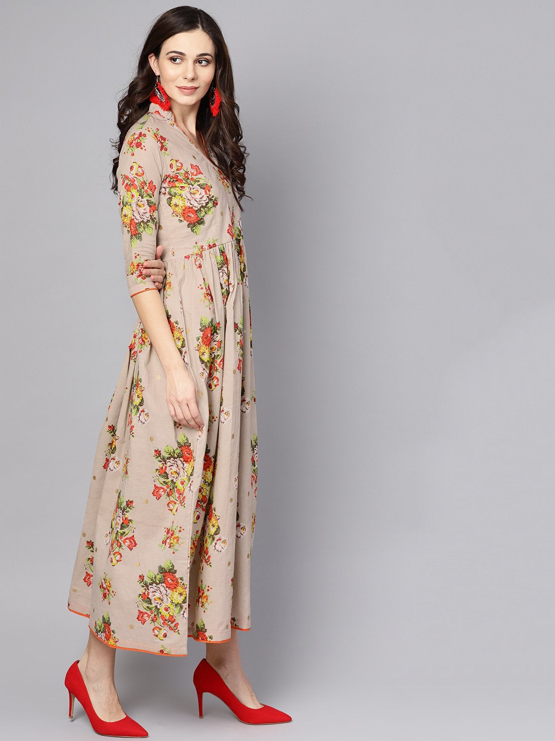 Women's Beige Multi Colored Angrakha Style Maxi Dress Emblished With Tassels