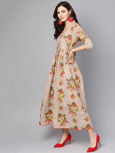 Women's Beige Multi Colored Angrakha Style Maxi Dress Emblished With Tassels