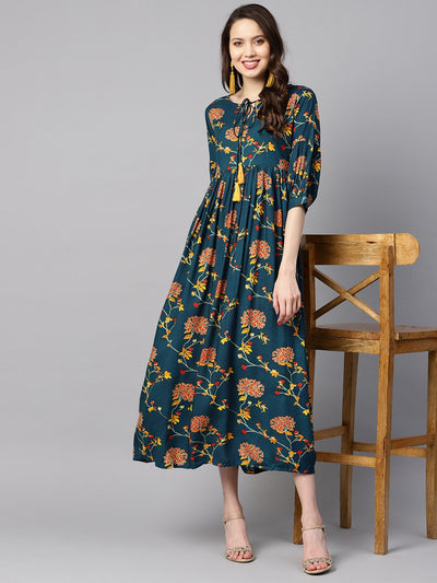 Women's Dark Teal Turquiose Floral Printed Maxi Dress With Key Hole Neckline & 3/4 Sleeves