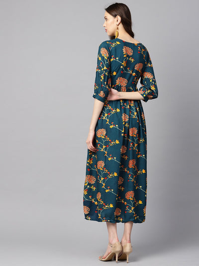 Women's Dark Teal Turquiose Floral Printed Maxi Dress With Key Hole Neckline & 3/4 Sleeves