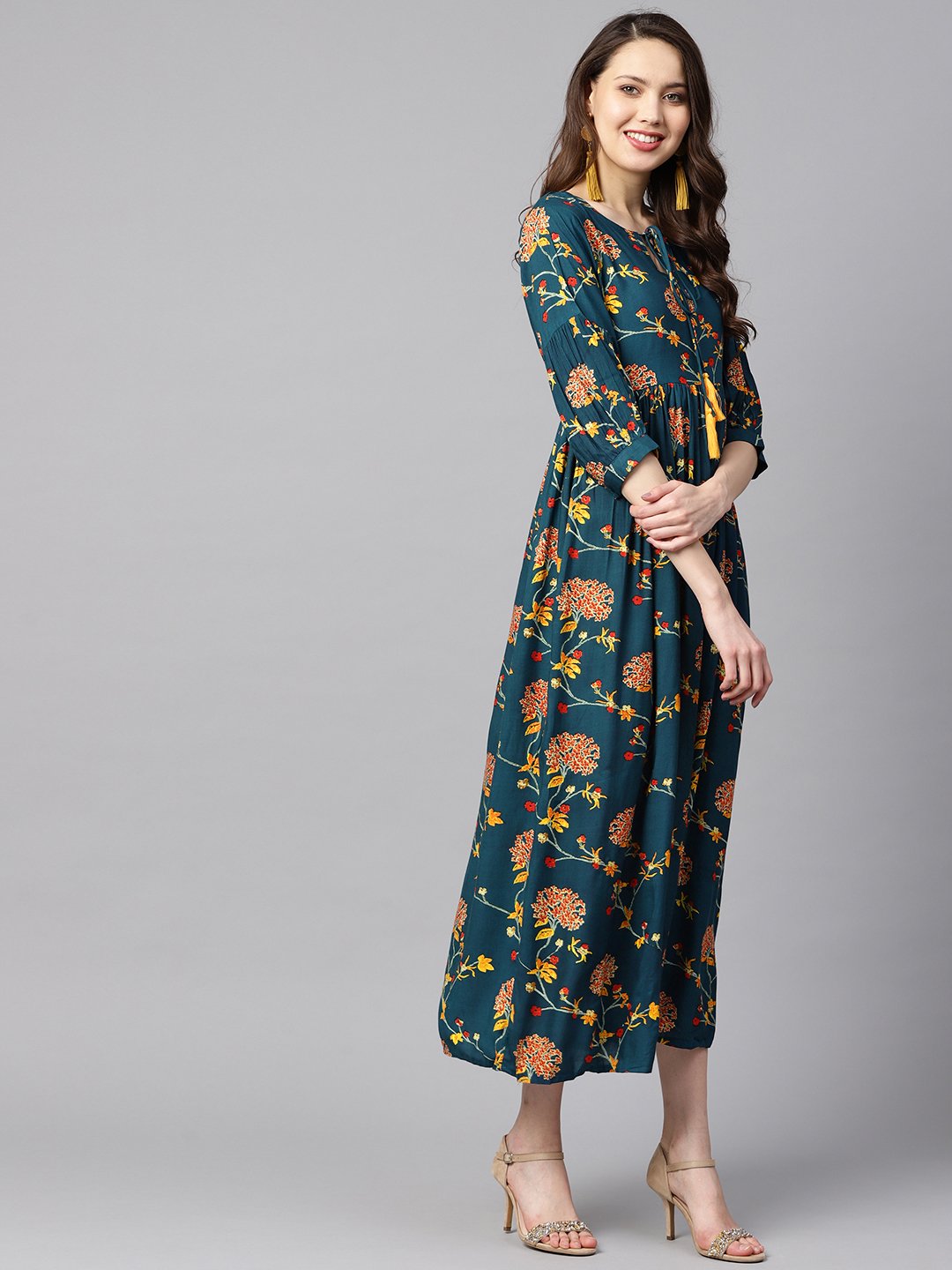 Women's Dark Teal Turquiose Floral Printed Maxi Dress With Key Hole Neckline & 3/4 Sleeves