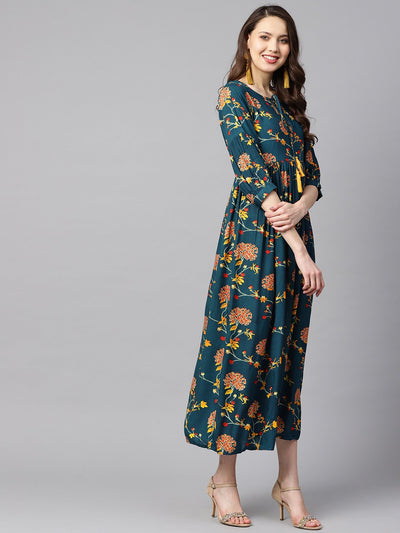 Women's Dark Teal Turquiose Floral Printed Maxi Dress With Key Hole Neckline & 3/4 Sleeves