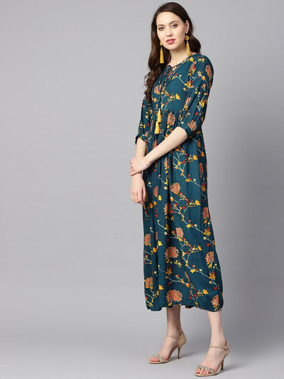 Women's Dark Teal Turquiose Floral Printed Maxi Dress With Key Hole Neckline & 3/4 Sleeves