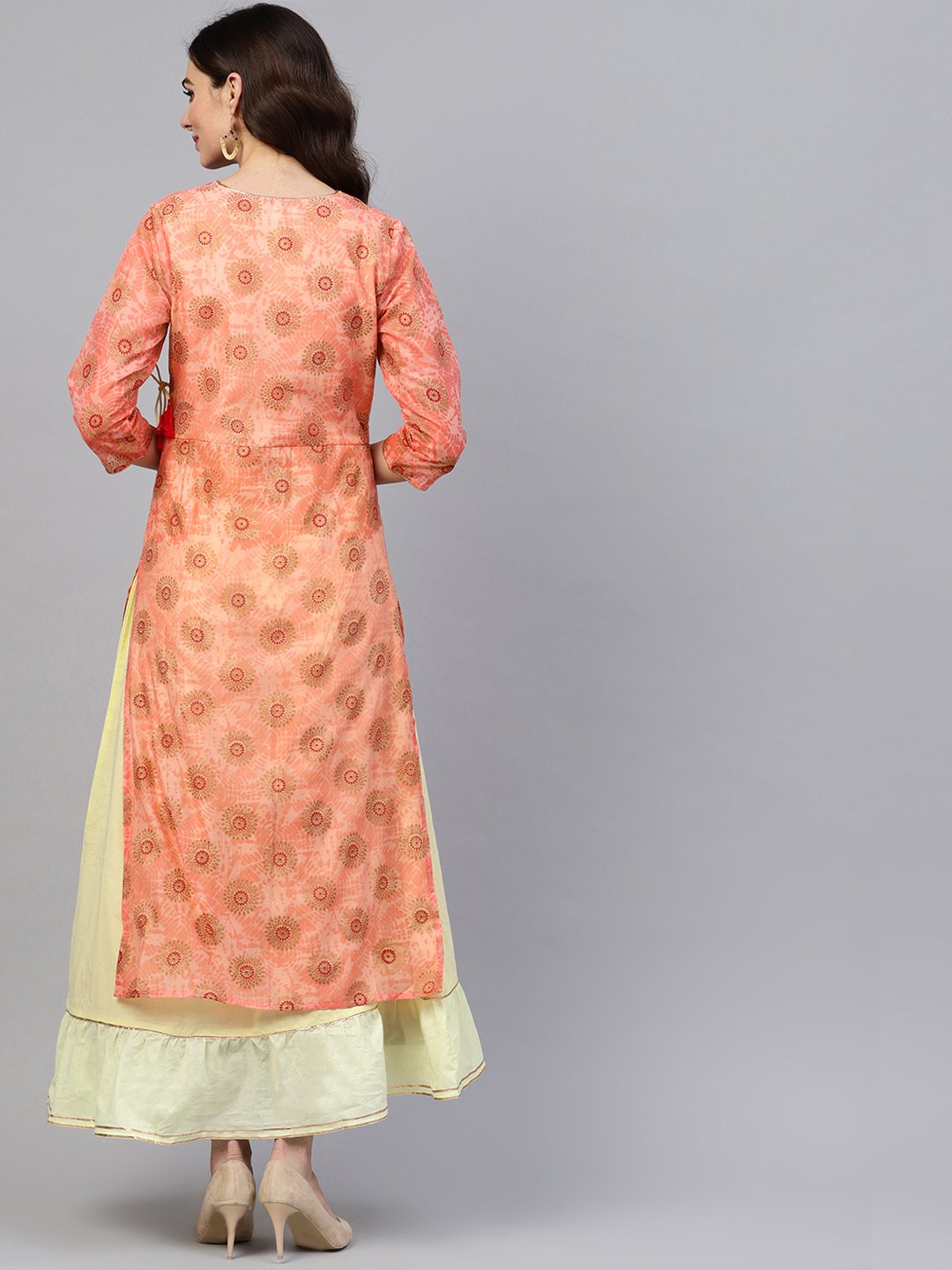 Women's Pink Printed Maxi Dress With V Neck And Gotta Detailing