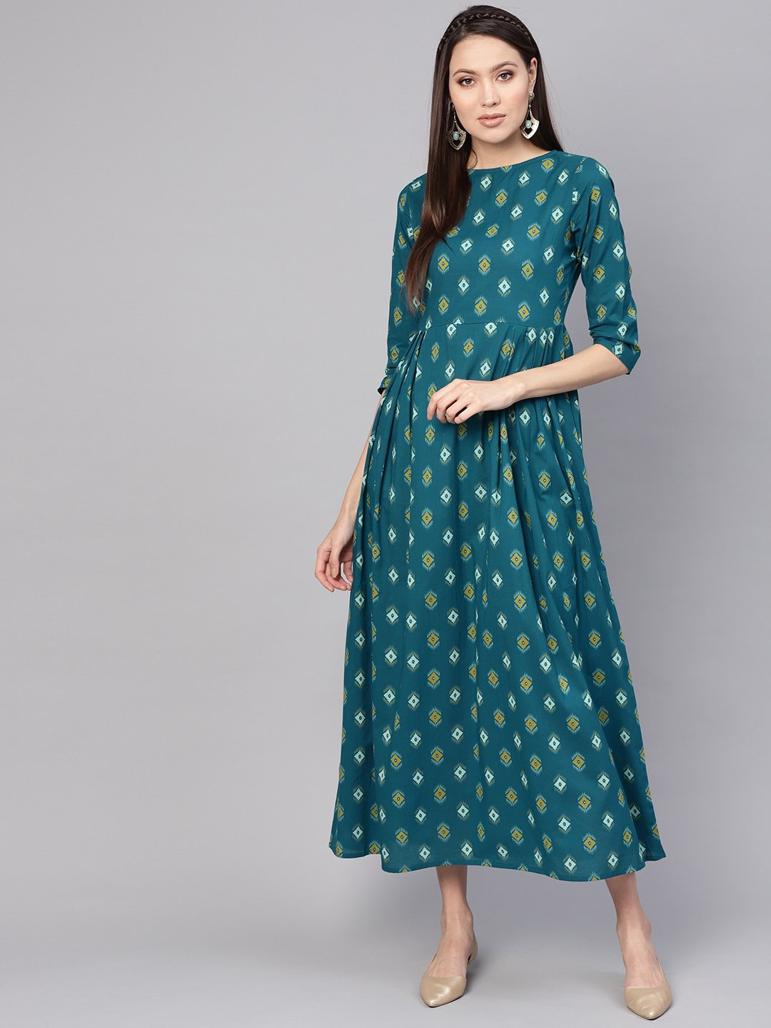 Women's Teal Blue & Yellow Printed Maxi Dress