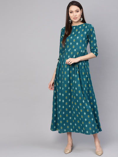 Women's Teal Blue & Yellow Printed Maxi Dress