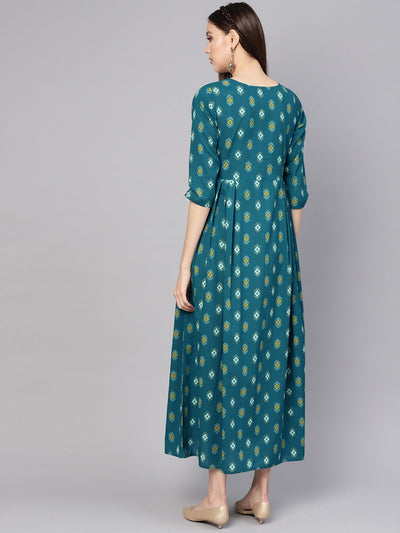 Women's Teal Blue & Yellow Printed Maxi Dress