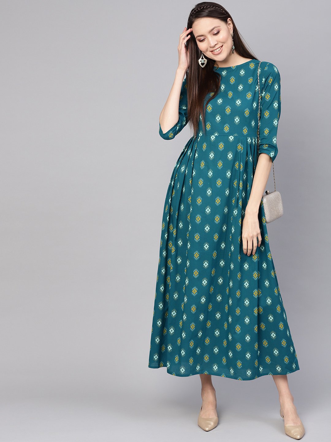 Women's Teal Blue & Yellow Printed Maxi Dress
