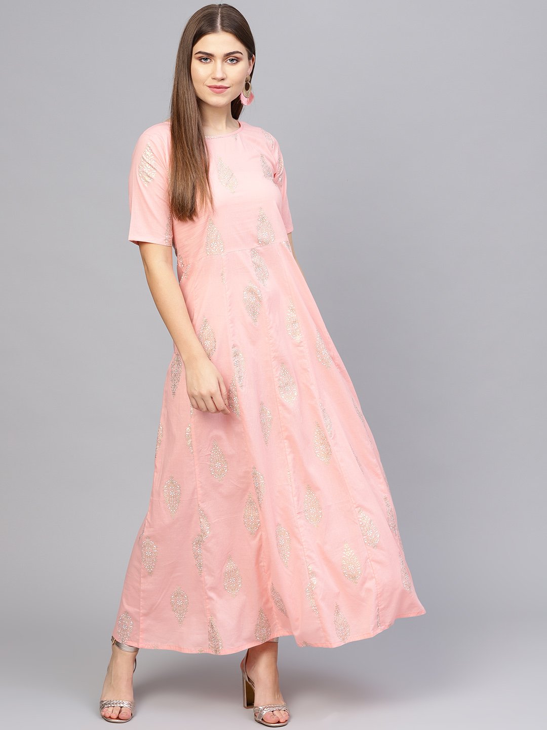 Women's Pink & Golden Printed Maxi Dress