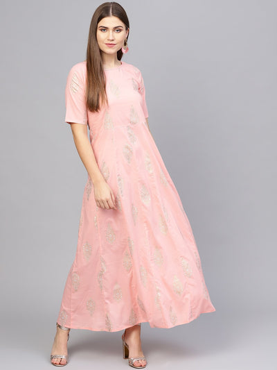 Women's Pink & Golden Printed Maxi Dress