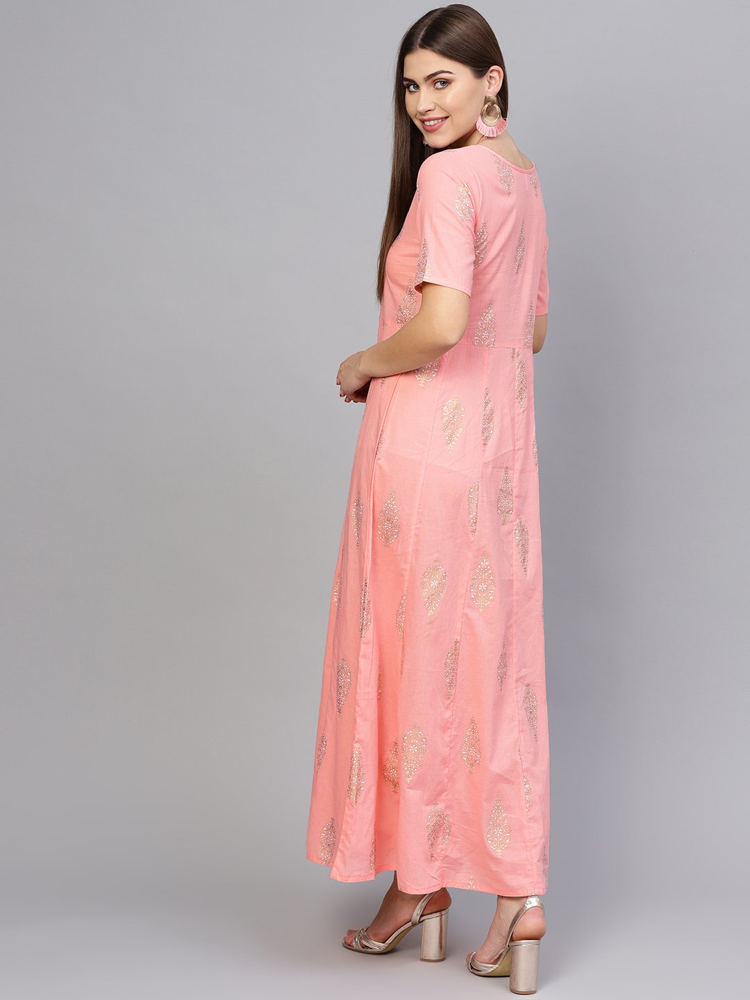 Women's Pink & Golden Printed Maxi Dress