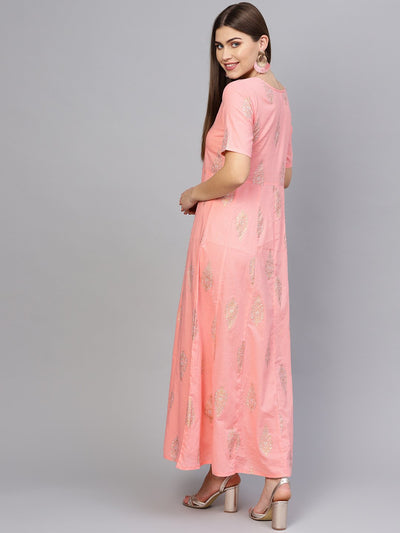 Women's Pink & Golden Printed Maxi Dress