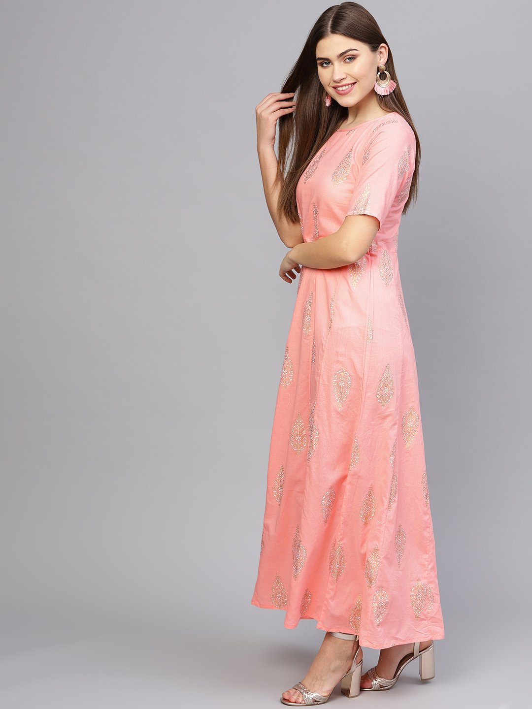 Women's Pink & Golden Printed Maxi Dress