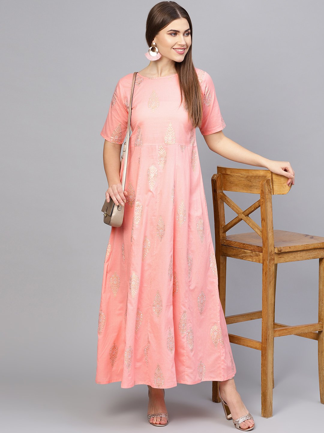 Women's Pink & Golden Printed Maxi Dress