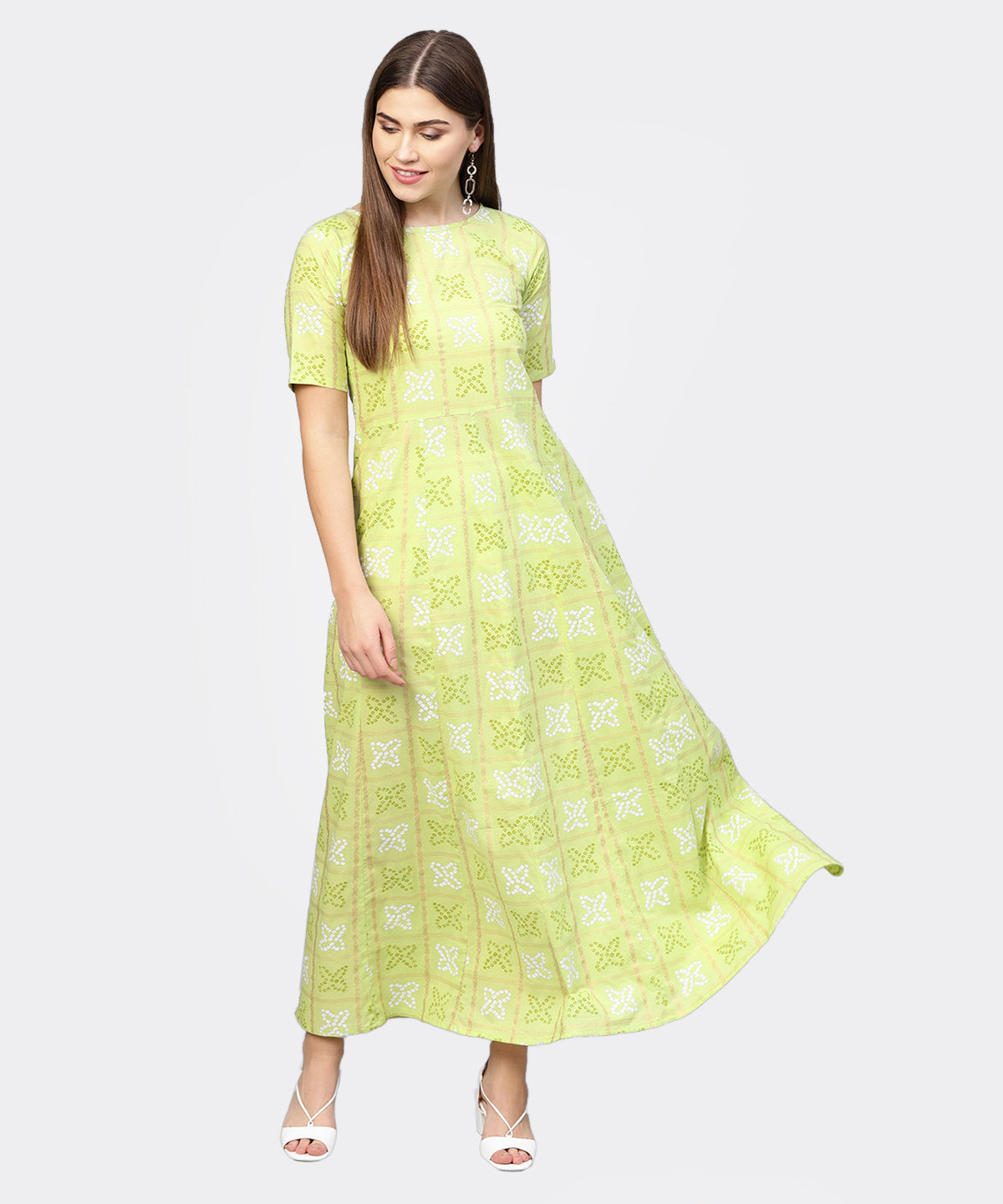 Women's Green & Off-White Bandhani Printed Maxi Dress