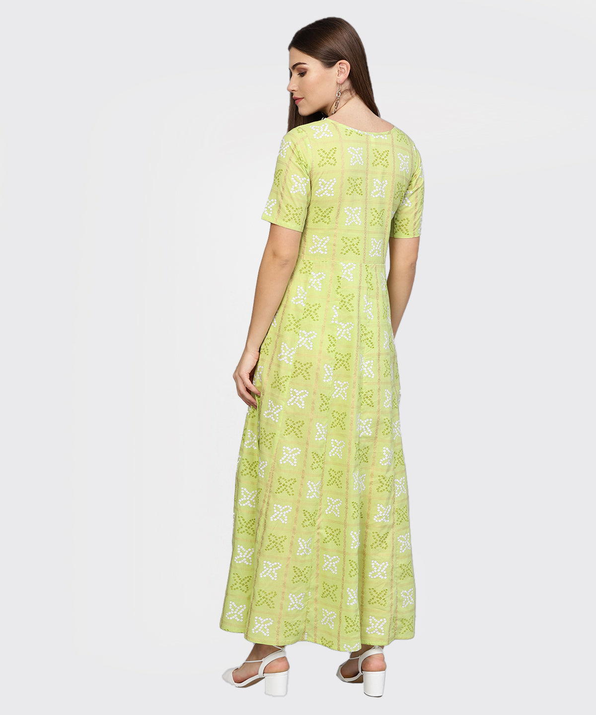 Women's Green & Off-White Bandhani Printed Maxi Dress
