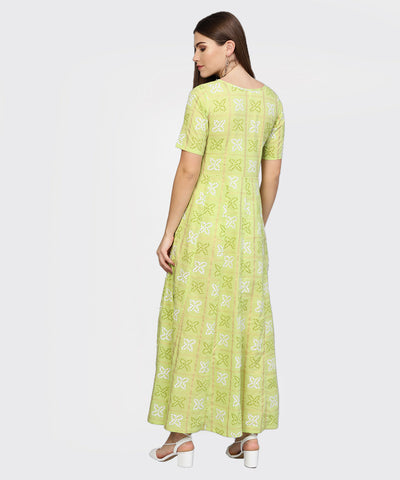Women's Green & Off-White Bandhani Printed Maxi Dress