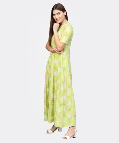 Women's Green & Off-White Bandhani Printed Maxi Dress
