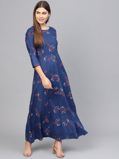 Women's Navy Blue & Pink Printed Maxi Dress