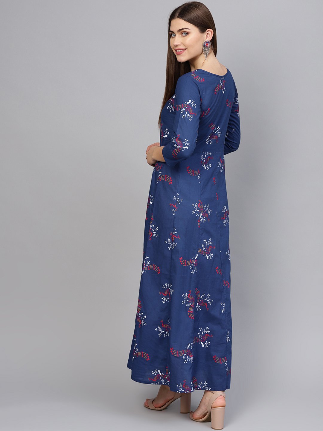 Women's Navy Blue & Pink Printed Maxi Dress