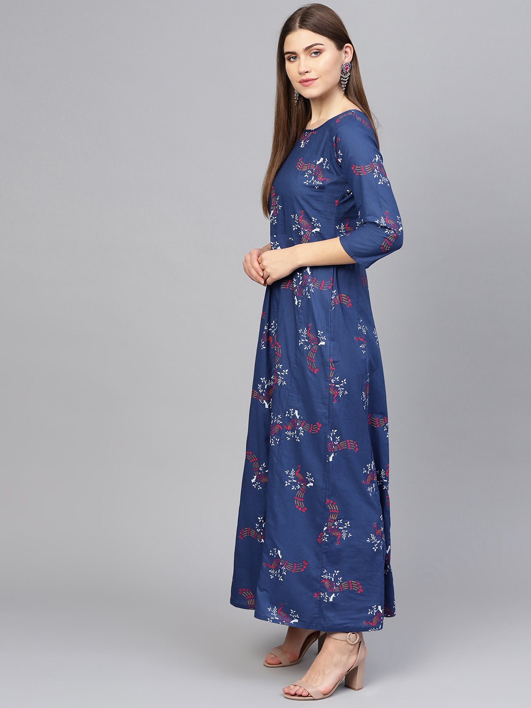 Women's Navy Blue & Pink Printed Maxi Dress