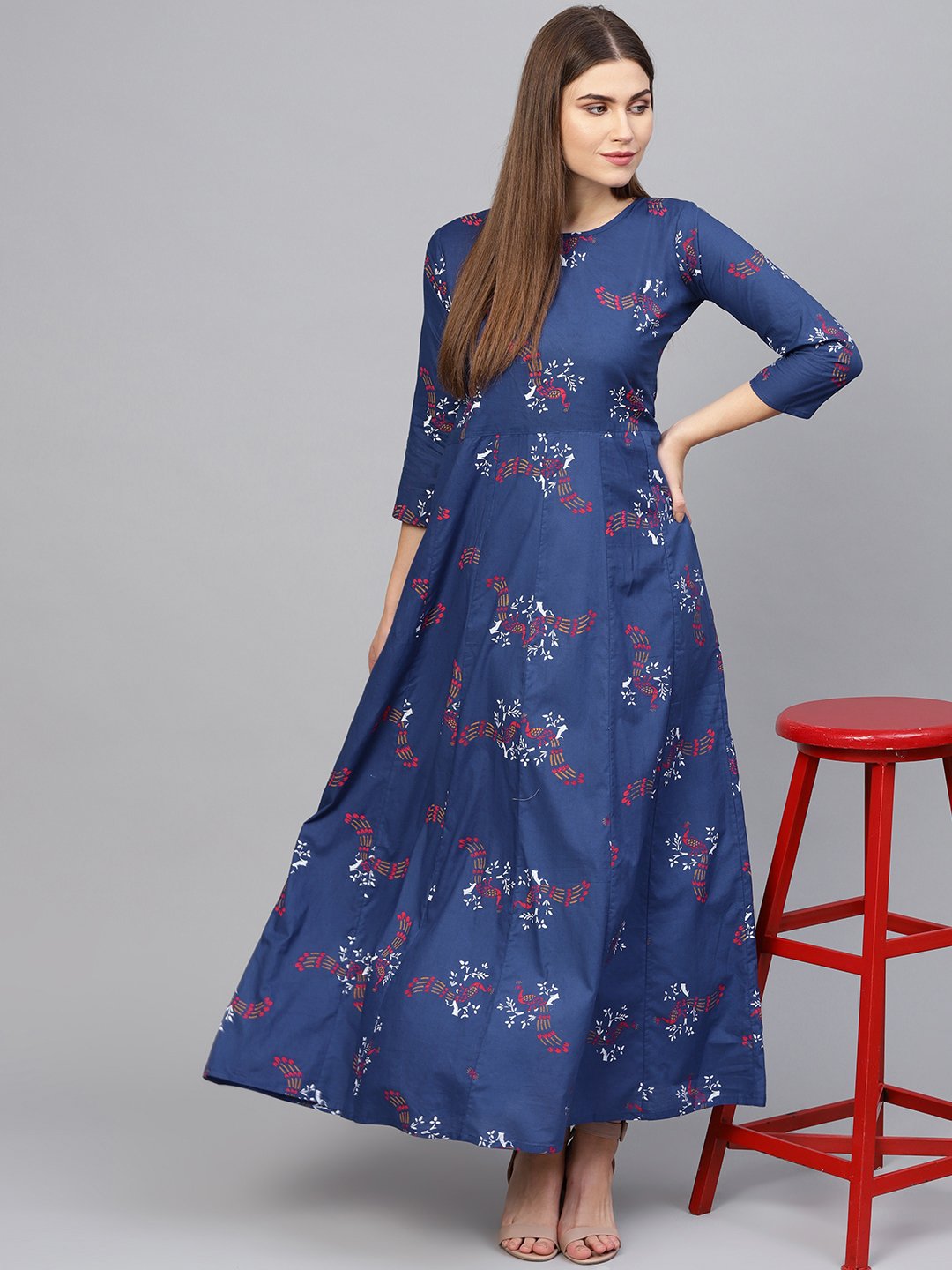 Women's Navy Blue & Pink Printed Maxi Dress