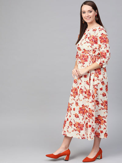 Women's Nayo Off White & Orange Floral Printed Maxi Dress
