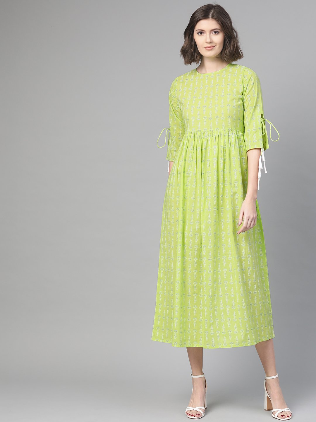 Women's Nayo Lime Green & White Ethnic Motifs Printed Maxi Dress