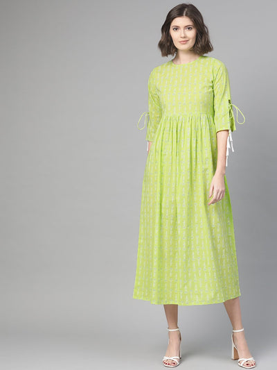 Women's Nayo Lime Green & White Ethnic Motifs Printed Maxi Dress