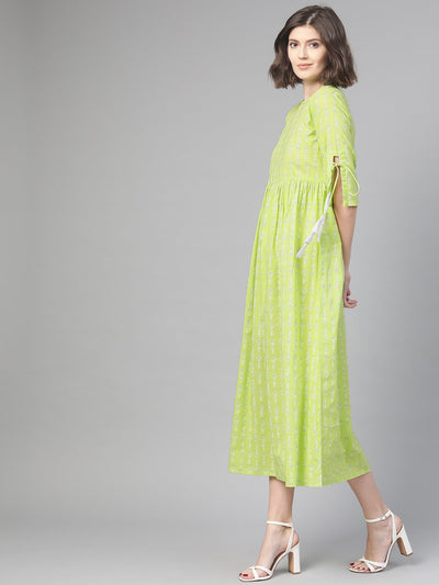 Women's Nayo Lime Green & White Ethnic Motifs Printed Maxi Dress