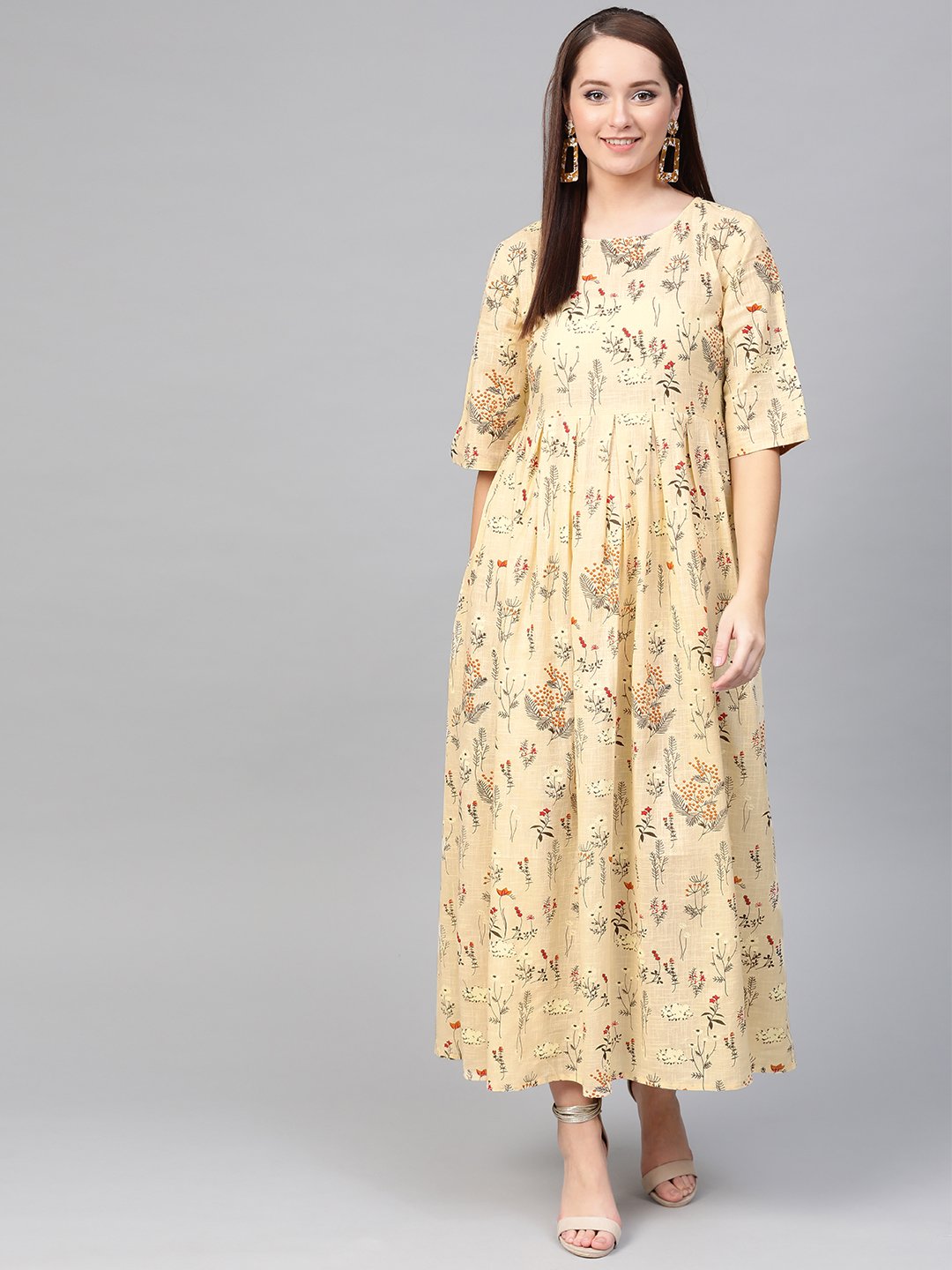 Women's Nayo Cream & Orange Floral Printed Maxi Dress