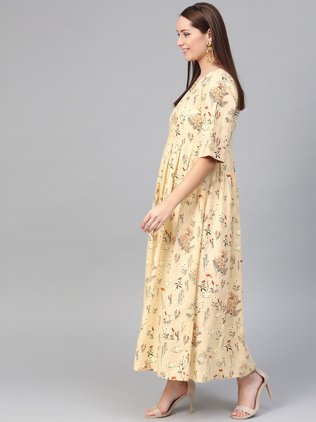 Women's Nayo Cream & Orange Floral Printed Maxi Dress