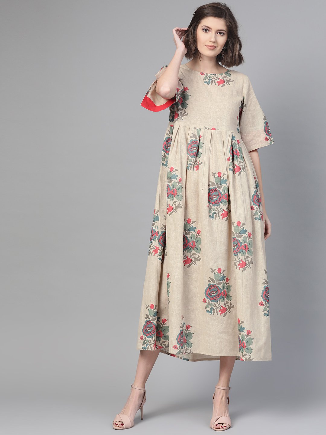 Women's Nayo Cream & Coral Floral Printed Maxi Dress