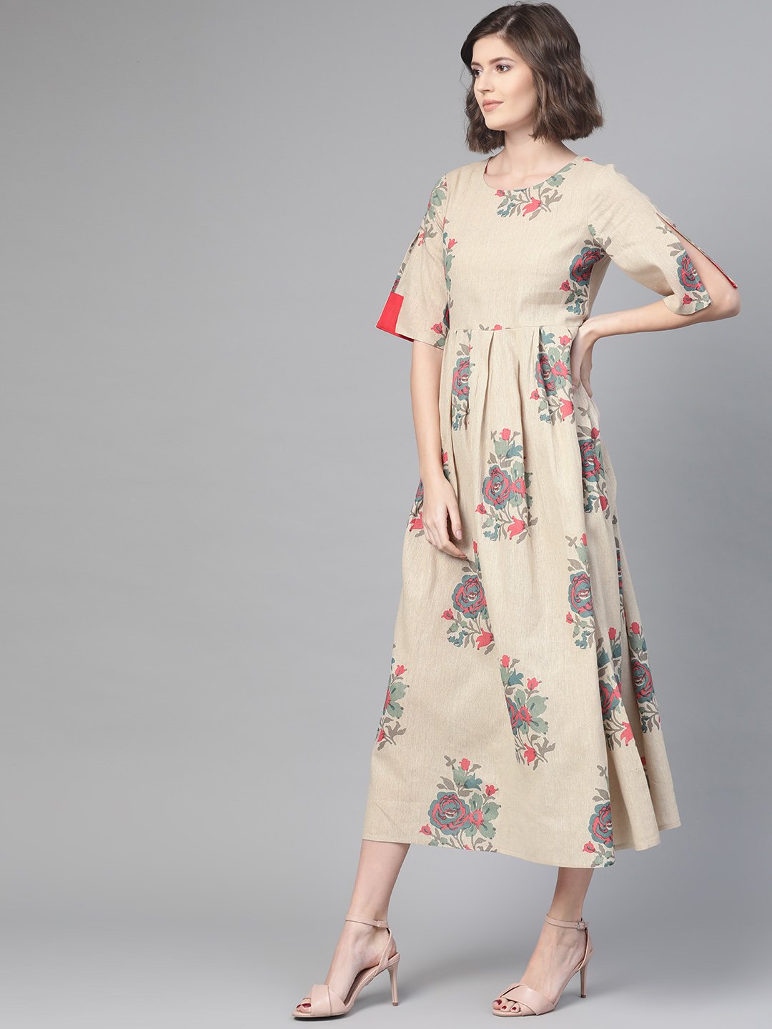 Women's Nayo Cream & Coral Floral Printed Maxi Dress