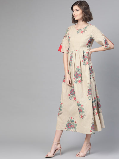 Women's Nayo Cream & Coral Floral Printed Maxi Dress