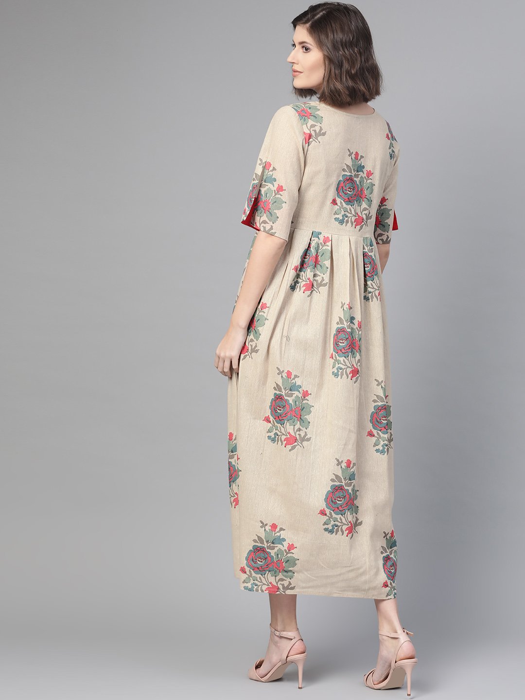 Women's Nayo Cream & Coral Floral Printed Maxi Dress