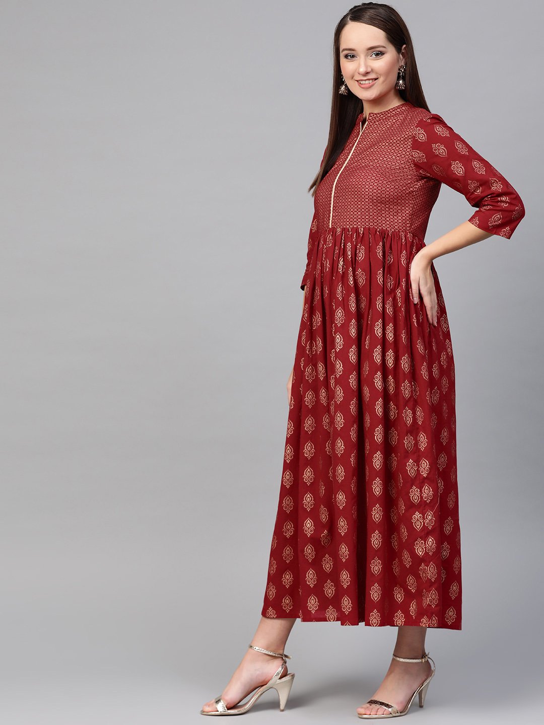 Women's Nayo Maroon & Gold Ethnic Motifs Printed Maxi Dress