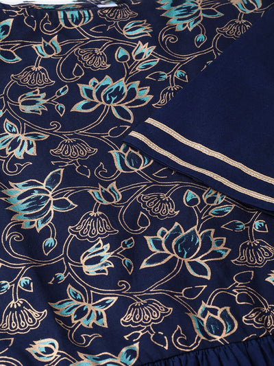 Women's Nayo Navy Blue & Gold Floral Printed Maxi Dress