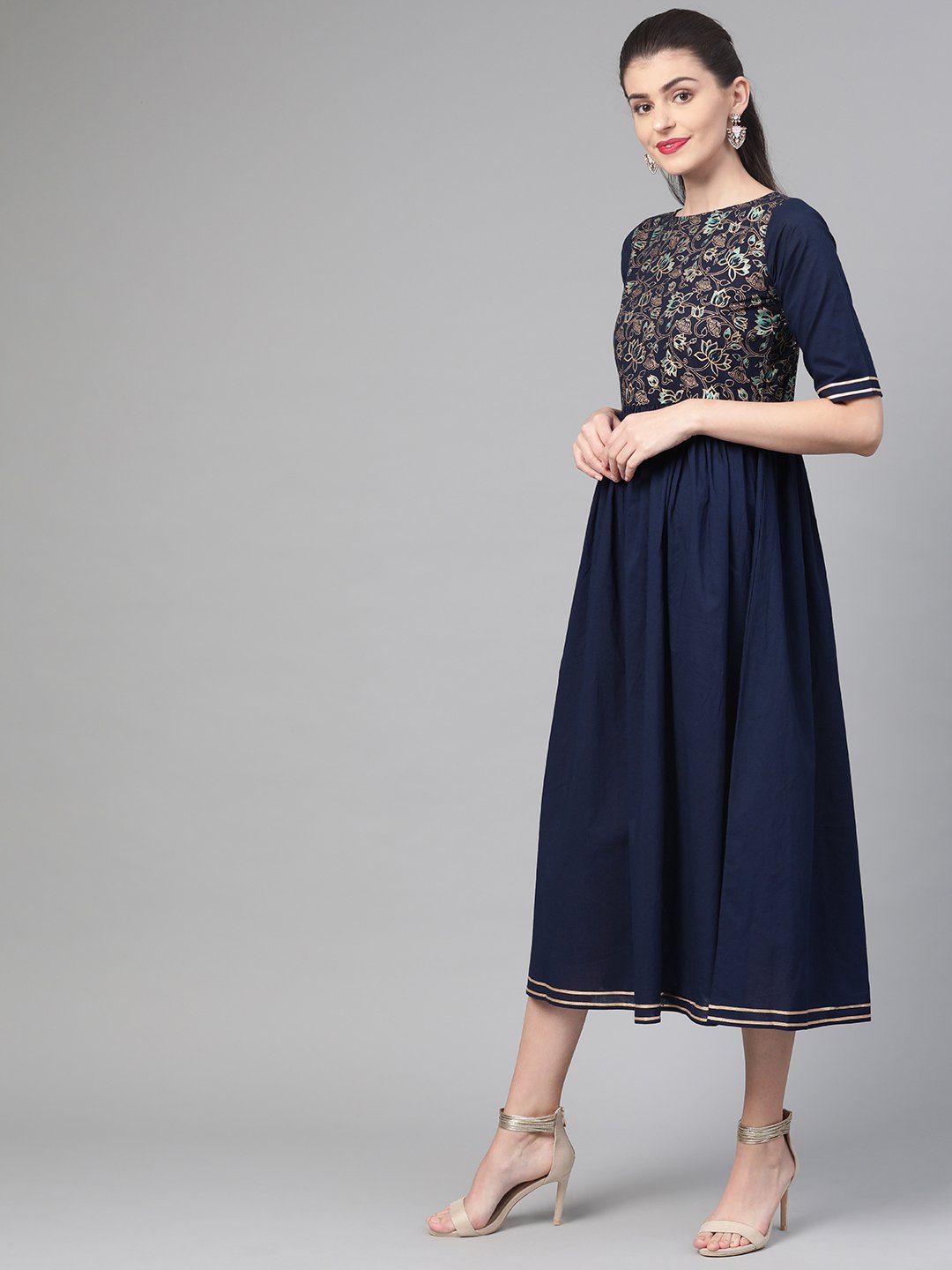 Women's Nayo Navy Blue & Gold Floral Printed Maxi Dress